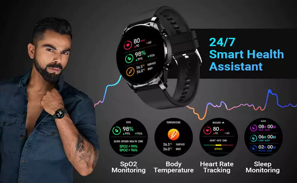 zopic Fire Boltt Thunder Smartwatch Bluetooth Calling Full Touch 1.32inch(3.3cm) Amoled LCD with SpO2, Heart Rate & Sleep Monitoring, 30 Sports Modes,Free Size
