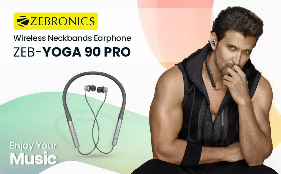 Zebronics Zeb Yoga 90 Pro Neckband Wireless Bluetooth in Ear with Rapid Charge, Dual Pairing, Magnetic earpiece, Splash Proof, Type C Charging with Mic | zopic