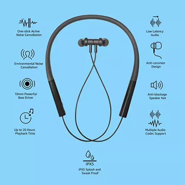 zopic MI Neckband Pro Bluetooth Wireless in Ear Earphones with Mic, with Dual Noise Cancellation, 10Mm Powerful Bass, Ipx5 Splash and Up to 20Hrs of Playback Time