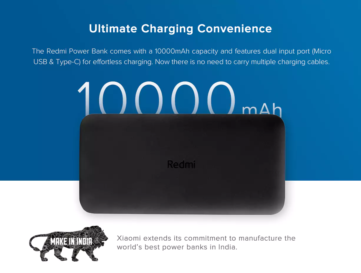 zopic Redmi 10000mAh 10 Watt Lithium Polymer Power Bank with Fast Charging, Dual input ports (Micro USB & Type-C)